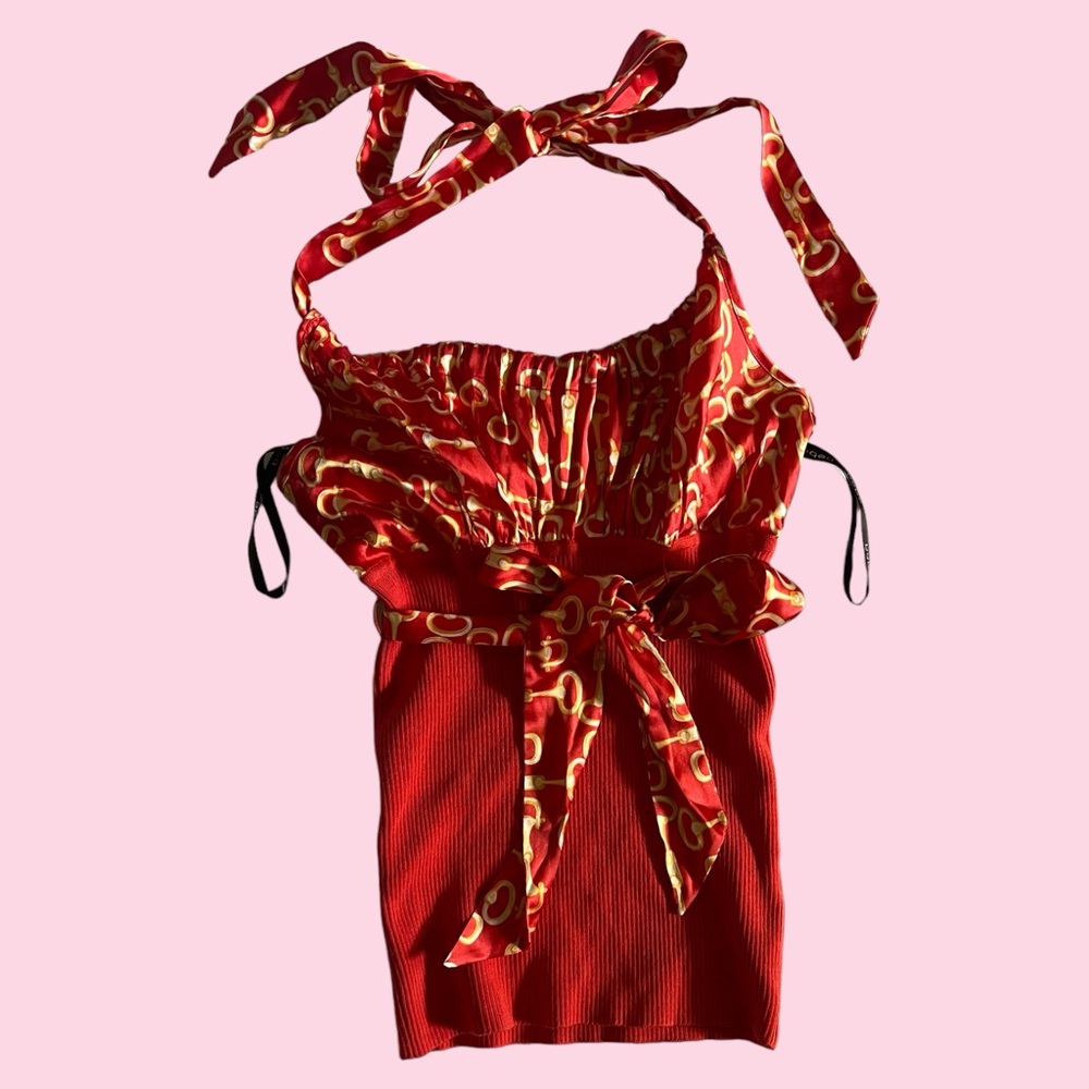 Bebe bow HALTER TOP • red with gold chain effect print• size M•